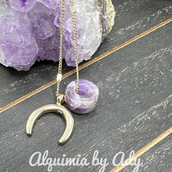 Alquimia Jewelry - Amethyst  donut half moon charms gold dainty 18” necklace /maximalist